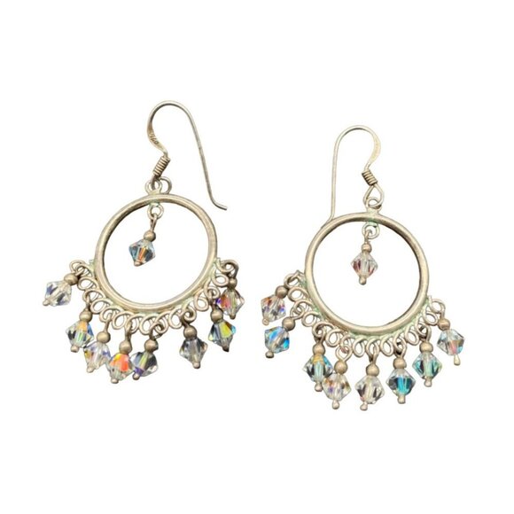 925 Sterling Silver Faceted Beaded Crystal Dangle Drop Earrings Hook Closure - Picture 1 of 5